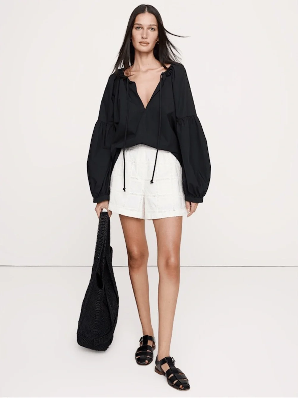 Banana Republic Balloon Volume Puff Sleeve Cotton Poplin Blouse Top Black Split